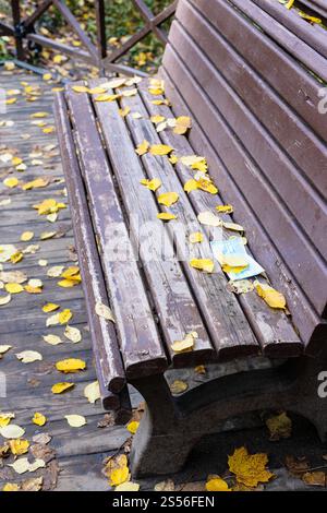 Alte Holzbank mit heruntergefallenen Sanitär Gesichtsmaske bedeckt Gelb gefallene Blätter im Stadtpark am Herbsttag Stockfoto