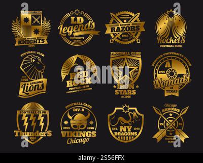 Goldene Schulembleme, College-Sportmannschaften Sportetiketten der Kollektion isoliert auf schwarzem Hintergrund. Vektorabbildung. Goldene Schulembleme, College-Sportmannschaften Sportetiketten isoliert auf schwarzem Hintergrund Stock Vektor
