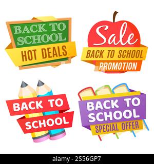 Back to School Banner isoliert auf weißem Hintergrund mit Schreibtisch, Apfel, Bleistiften, Büchern. Vektor-Schwarzes Brett und Lernen, Hot Deal und Sonderangebot Illustration. Back to School Banner isoliert auf weißem Hintergrund mit Schreibtisch, Apfel, Bleistiften, Büchern Stock Vektor