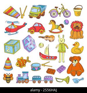 Kinderspielzeug und Kinderspielzeug-Kollektion für Mädchen und Jungen im Kindergarten. Vektor isolierte Symbole Set aus Ball, Puppe oder Auto und Bär mit Kaninchen, Schiff oder Pistole und Rakete oder Panzer und Musikinstrumenten. Kinderspielzeug oder Kinderspielzeug Vector Flat Icons Kollektion Stock Vektor