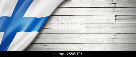 Finnland Flagge auf alter weißer Wand. Horizontales Panorama-Banner. Stockfoto