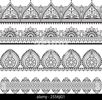 Mehndi nahtlose Grenzen. Henna-orientalische Muster. Indische Blumenvektorrahmen. Mehndi-Muster-Umriss, indische Ornament-Rahmen-Illustration. Mehndi nahtlose Grenzen. Henna-orientalische Muster. Indische Blumenvektorrahmen Stock Vektor