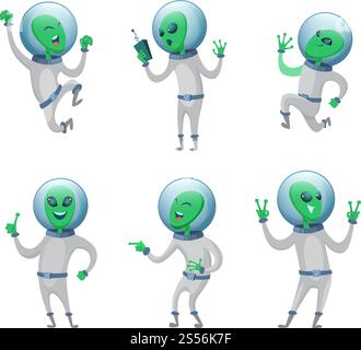 Lustige Aliens, die in verschiedenen Posen stehen. Vektorhumanoide. Illustration eines grünen marsmaskottchens, lustige Charaktergeschöpfe. Lustige Aliens, die in verschiedenen Posen stehen. Vektorhumanoide Stock Vektor