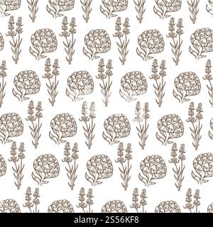 Blühende Blüten mit nahtlosem Muster und Blättern. Kräuter oder Pflanzen in der Alternativmedizin. Frühlingsblüte der Flora. Exotische Botanik-Einrichtung. Stockfoto