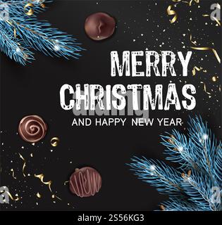 Grüße und Feierlichkeiten zu weihnachten und Neujahr. Weihnachtsfeierungsplakat mit dekorativem Lametta oder Konfetti, Tannenzweigen und Süßem Stockfoto