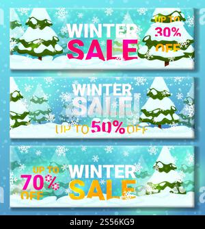 Winterverkauf Rabattcoupon Set, Vektor-Illustration. Winterwetter im Wald, es schneit. Weihnachtsbäume sind mit Schnee bedeckt. Poster Stockfoto