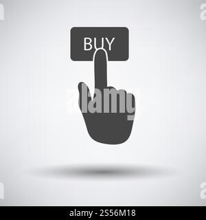 Drücken Sie Mit Dem Finger Auf Das Symbol Für Die Schaltfläche Kaufen. Dunkelgrau auf grauem Hintergrund mit rundem Schatten. Vektorgrafik. Stockfoto