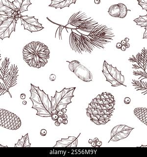 Nahtloses Weihnachtsmuster. Wintertanne und Tannenzweige mit Tannenzapfen. Vintage Vektortapete in traditionellem Gravurstil. Illustration eines Musters mit Eichel und Kiefer, eichel und Kegel. Nahtloses Weihnachtsmuster. Wintertanne und Tannenzweige mit Tannenzapfen. Vintage Vektortapete in traditionellem Gravurstil Stock Vektor