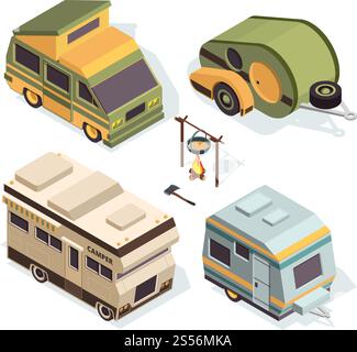 Isometrische Campingwagen. Vektorbilder werden auf weiß isoliert. Abbildung: Wohnmobil-Transportwagen, Wohnmobil-Auto. Isometrische Campingwagen. Vektorbilder werden auf weiß isoliert Stock Vektor