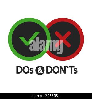 Ja und nein, Dos und Dont, positive und negative Symbole isoliert auf weißem Illustrationsvektor. Ja und nein, Dos und Dotts, positive und negative Symbole Stock Vektor