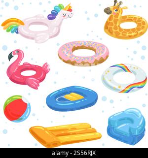 Aufblasbares Gummi, Matratzenbällchen und andere Wasserausrüstungen für Kinder. Ring mit mehrfarbigen Giraffen und Boot, Flamingo und Einhorn. Vektorabbildung. Aufblasbares Gummi, Matratzenbällchen und andere Wasserausrüstungen für Kinder Stock Vektor