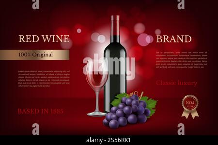 Werbung für Weinposter. Realistische Bilder von Trauben und Wein. Illustration der Weinflasche Alkohol mit Glas realistisch, Plakat Werbung Promotion Vektor. Werbung für Weinposter. Realistische Bilder von Trauben und Wein Stock Vektor