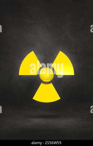 Radioaktives Symbol isoliert auf schwarzem Atelierhintergrund. 3D-Abbildung. Radioaktives Symbol auf schwarzem Atelierhintergrund Stockfoto