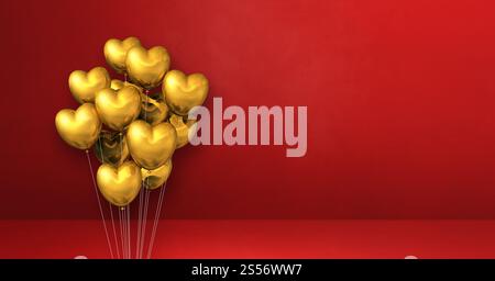 Goldene Ballons in Herzform auf rotem Hintergrund. Horizontales Banner. 3D-Illustrationen rendern. Goldene Ballons in Herzform an einer roten Wand Stockfoto