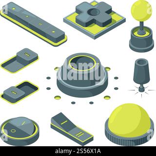 UI 3D-Schaltflächen. Isometrische Bilder verschiedener Schaltflächen. Startrunde des Webelements, Netzschalter, Vektorillustration. UI 3D-Schaltflächen. Isometrische Bilder verschiedener Schaltflächen Stock Vektor