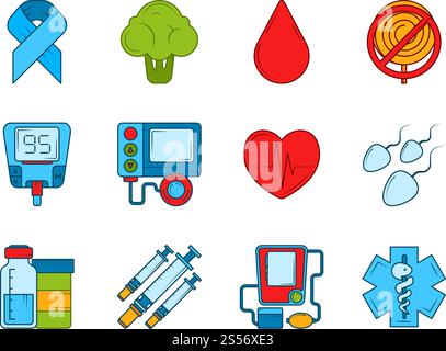 Diabetische medizinische Symbole. Set mit Insulin, Spritze und anderen medizinischen Symbolen. Blutdiabetes-Gerätemessung. Vektorabbildung. Diabetische medizinische Symbole. Set mit Insulin, Spritze und anderen medizinischen Symbolen Stock Vektor