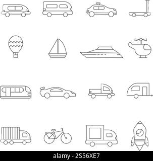 Transportsymbole linear. Illustrationen verschiedener Vektoren für Auto-LKW- und Van-Fahrzeuge, Fahrrad- und LKW-Vektoren. Transportsymbole linear. Abbildungen verschiedener Transportarten Stock Vektor
