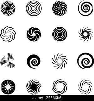 Wirbelnde Kreise. Abstrakte Spiralen und Flüssigkeitswirbel. Hypnotische Formen schwarze Vektorgrafik isoliert auf weißem Hintergrund. Spiralkreis, Drehung und Drehung Symbol der Kollektion. Wirbelnde Kreise. Abstrakte Spiralen und Flüssigkeitswirbel. Hypnotische Formen schwarze Vektorgrafik isoliert auf weißem Hintergrund Stock Vektor