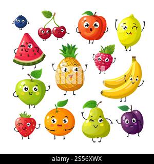 Comic lustige Früchte. Happy Kiwi Banana Himbeere Orangenkirsche mit Gesicht. Sommerfrüchte und Beeren Vektor Zeichen isoliert auf weiß. Obst Kiwi und Banane, Orange und Erdbeere Illustration. Comic lustige Früchte. Happy Kiwi Banana Himbeere Orangenkirsche mit Gesicht. Sommerfrüchte und Beeren Vektor Zeichen isoliert auf weiß Stock Vektor