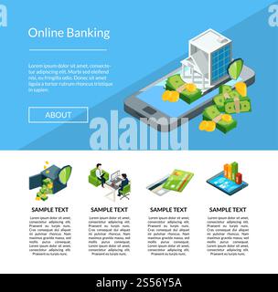Vektorisometrischer Geldfluss in Banksymbolen Vorlage für Landing-Page-Vorlagen. Bankfinanzierungsgelder, finanzielle Zahlungen und Investitionen. Vektorisometrischer Geldfluss in Banksymbolen Vorlage für Landing-Page-Vorlagen Stock Vektor
