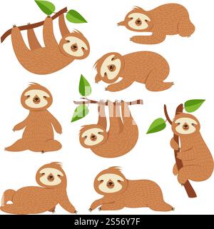 Cartoon-Faultiere. Niedliches Faultier hängt an einem Ast im amazonas-Regenwald. Faule Dschungeltiere Vektorfiguren. Faultiere, faule Wildtiere, Tierwelt im Regenwald Illustration. Cartoon-Faultiere. Niedliches Faultier hängt an einem Ast im amazonas-Regenwald. Faule Dschungeltiere Vektorfiguren Stock Vektor