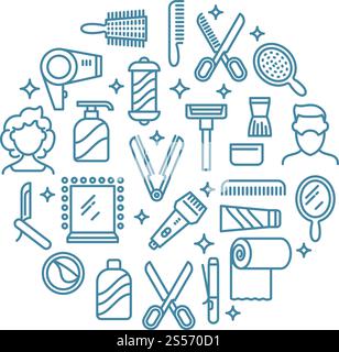 Symbole für Schönheitslinien. Kosmetikprodukte, Make-up für Frauen und Accessoires umreißen Symbole. Weibliche Schönheit, männliche Frisur, Shampoo und Pinselillustration. Symbole für Schönheitslinien. Kosmetikprodukte, Make-up für Frauen und Accessoires umreißen Symbole Stock Vektor