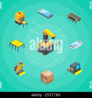 Vektorisometrische Förderelemente Infografik-Konzeptabbildung. Maschinenfabrik für die Industrie, Kettenmechanismus automatisch, Verarbeitungsmanagement. Vektorisometrische Förderelemente Infografik-Konzeptabbildung Stock Vektor