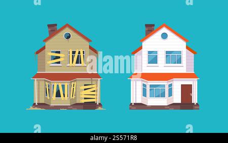 Hausrenovierung. Haus vor und nach der Reparatur. Neues und altes Vorstadthaus. Isolierte Vektordarstellung. Renovierungshaus und Reparatur, Umbau des Gebäudes. Hausrenovierung. Haus vor und nach der Reparatur. Neues und altes Vorstadthaus. Isolierte Vektordarstellung Stock Vektor