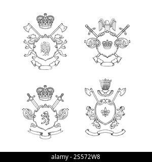 Vektorsatz der Hand gezeichneten Linie Heraldik Abzeichen Illustration isoliert auf weiß. Vektorhandgezeichnete Heraldik-Illustration Stock Vektor