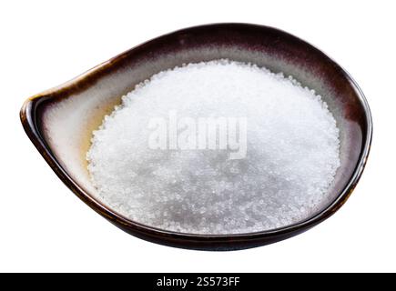 Fructose-Zucker-Süßstoff in Keramikschale isoliert auf weißem Hintergrund Stockfoto
