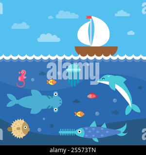 Stilisierte flache Vektorillustrationen des Unterwasserlebens. Unterwasserlandschaft und Reisesegelboot. Stilisierte flache Vektorillustrationen des Unterwasserlebens Stock Vektor