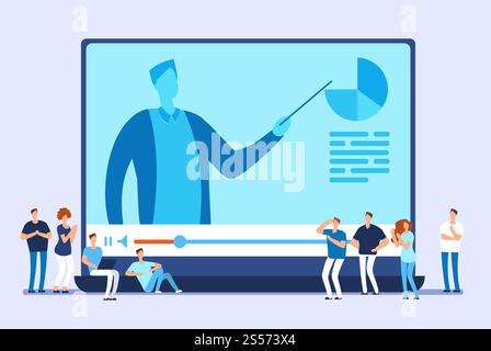 Online-Schulungen. Video-Tutorials, Internet-Schulung und Vektorkonzept für Webkurse. Illustration von Bildungsmaßnahmen, Internet-Video-E-Learning. Online-Schulungen. Video-Tutorials, Internet-Schulung und Vektorkonzept für Webkurse Stock Vektor