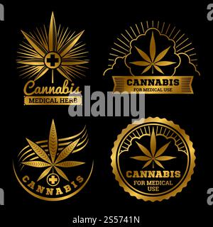 Design von Cannabis-Bannern oder -Etiketten. Goldene medizinische Logos Vektor Set Illustration. Design von Cannabis-Bannern oder -Etiketten. Medizinische Logos Vektorsatz Stock Vektor