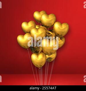 Goldene Ballons in Herzform auf rotem Hintergrund. 3D-Illustrationen rendern. Goldene Ballons in Herzform auf rotem Hintergrund Stockfoto