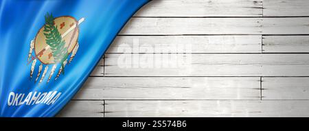 Oklahoma-Flagge auf weißem Holzbanner, USA. 3D-Abbildung. Oklahoma-Flagge auf weißem Holzbanner, USA Stockfoto