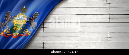 Pennsylvania-Flagge auf weißem Holzbanner, USA. 3D-Abbildung. Pennsylvania-Flagge auf weißem Holzbanner, USA Stockfoto