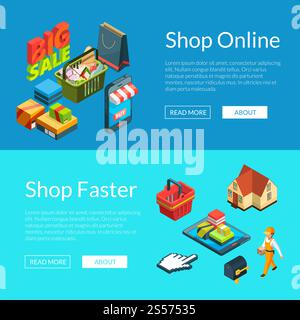 Illustration isometrischer Symbole für Online-Shopping. Mobiler Verkauf isometrisch, Zahlungsinternet, Online-Shop-Service. E-Shopping-Banner. Illustration isometrischer Symbole für Online-Shopping Stock Vektor