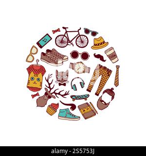 Vektor-Hipster-Kritzelsymbole in kreisförmiger Illustration isoliert auf weiß. Vektor-Hipster-Kritzelsymbole in kreisförmiger Illustration Stock Vektor
