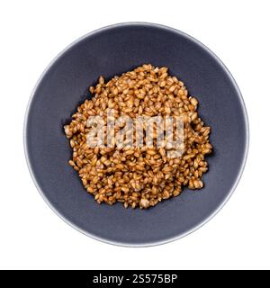 Blick von oben auf gekochten Haferbrei aus Vollkornrogen in Grau Schale isoliert auf weißem Hintergrund Stockfoto