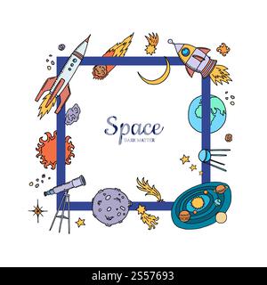 Vektorhandgezeichnete Raumelemente, die um den Rahmen fliegen, mit Platz für die Textabbildung. Vektor Hand gezeichnete Raumelemente fliegen Stock Vektor