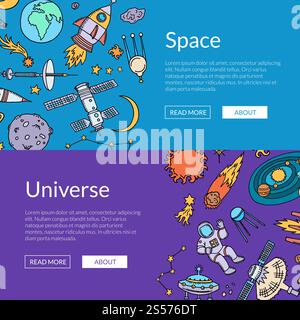 Vektorfarbe Hand gezeichnet Raum Elemente horizontale Web Banner und Poster Illustration. Vektor Hand gezeichnet Raum Elemente horizontale Web Banner Illustration Stock Vektor
