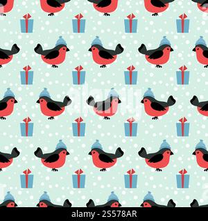 Nahtloses Muster der Winterferien mit Cartoon Bullfinch in Hut und Geschenkbox Hintergrund Illustration Vektor. Nahtloses Muster für die Winterferien mit Cartoon-Bullfink im Hut Stock Vektor