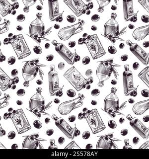 Nahtloses Muster von handgezeichneten Oliven. Olivenöl Vektor Hintergrund Illustration. Handgezeichnetes nahtloses Muster. Olivenöl Vektor Stock Vektor