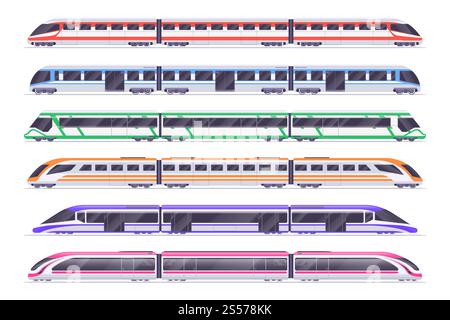 Personenzüge. Moderne U-Bahn und Eisenbahn. Vektorsatz für Stadtverkehr. Zug und Bahn, Abbildung für den Transport von Fahrgästen. Personenzüge. Moderne U-Bahn und Eisenbahn. Vektorsatz für Stadtverkehr Stock Vektor