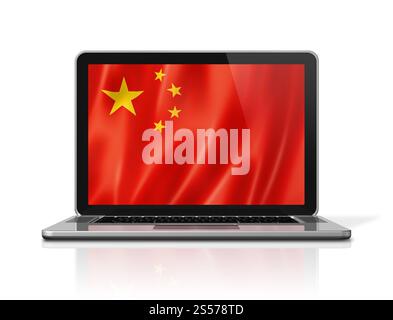 China-Flagge auf Laptop-Bildschirm isoliert auf weiß. 3D-Illustrationen rendern. Chinesische Flagge auf Laptop-Bildschirm isoliert auf weiß. 3D-Abbildung Stockfoto