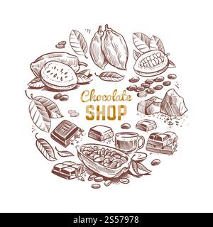 Schokoladengeschäft Vektor-Emblem-Design mit skizzierten Kakaobohnen und Schokoladentafeln isoliert auf weißer Hintergrund Illustration. Schokoladengeschäft Vektor-Emblem-Design mit skizzierten Kakaobohnen und Schokoladentafeln Stock Vektor