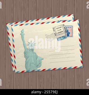 Vektor-Buchstaben im Vintage-Stil mit der Freiheitsstatue, Marken und Stempel der usa und Platz für Text auf hölzernem Texturhintergrund. Postkarte mit Illustration des Wahrzeichens. Vektor-Buchstaben im Vintage-Stil mit der Freiheitsstatue, Marken und Stempel der usa und Platz für Text auf hölzernem Texturhintergrund Stock Vektor