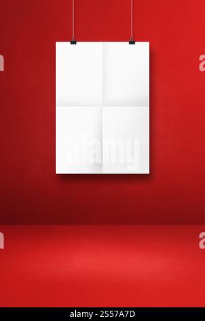 Weißes gefaltetes Poster, das an einer roten Wand mit Clips hängt. Leere Modellvorlage. Weißes gefaltetes Poster, das an einer roten Wand mit Clips hängt Stockfoto