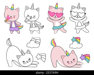 Zeichentrickfigur Katzen Einhorn Vektor Illustration. Färbung mit Umrissen und bunten Kätzchen isoliert auf weiß. Zeichentrickfigur Katzen Einhorn Vektor Illustration. Färbung mit Umrissen und bunten Kätzchen Stock Vektor