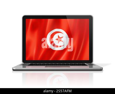 Tunesien-Flagge auf Laptop-Bildschirm isoliert auf weiß. 3D-Illustrationen rendern. Tunesische Flagge auf Laptop-Bildschirm isoliert auf weiß. 3D-Abbildung Stockfoto